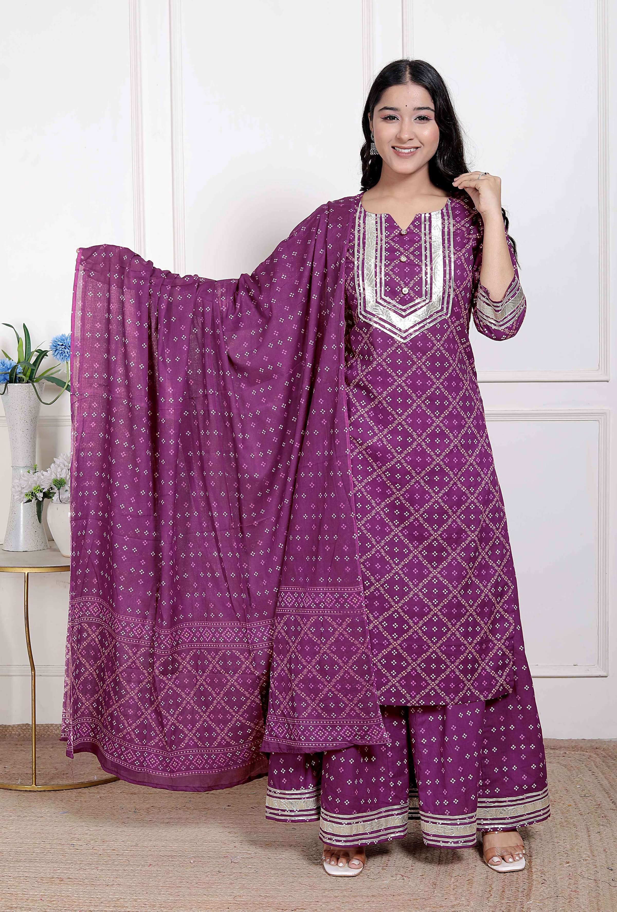Miravan Magenta Embroidered Cotton Kurta with Palazzo and Dupatta