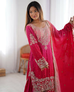 The52 Women's Beautiful Chinon silk Fabric Embroidery Work Straight Kurta Palazzo and Dupatta Set - Distacart
