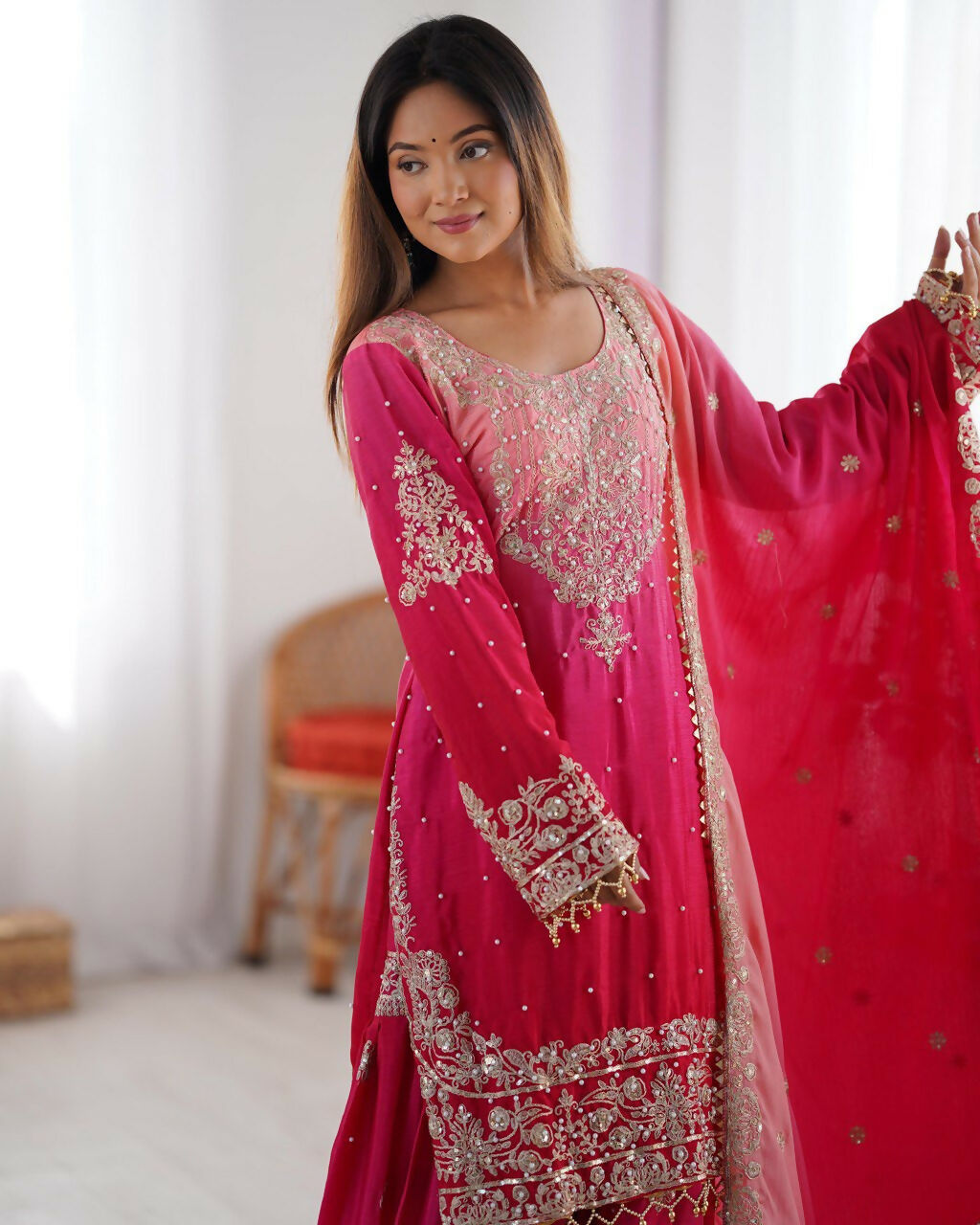 The52 Women's Beautiful Chinon silk Fabric Embroidery Work Straight Kurta Palazzo and Dupatta Set - Distacart