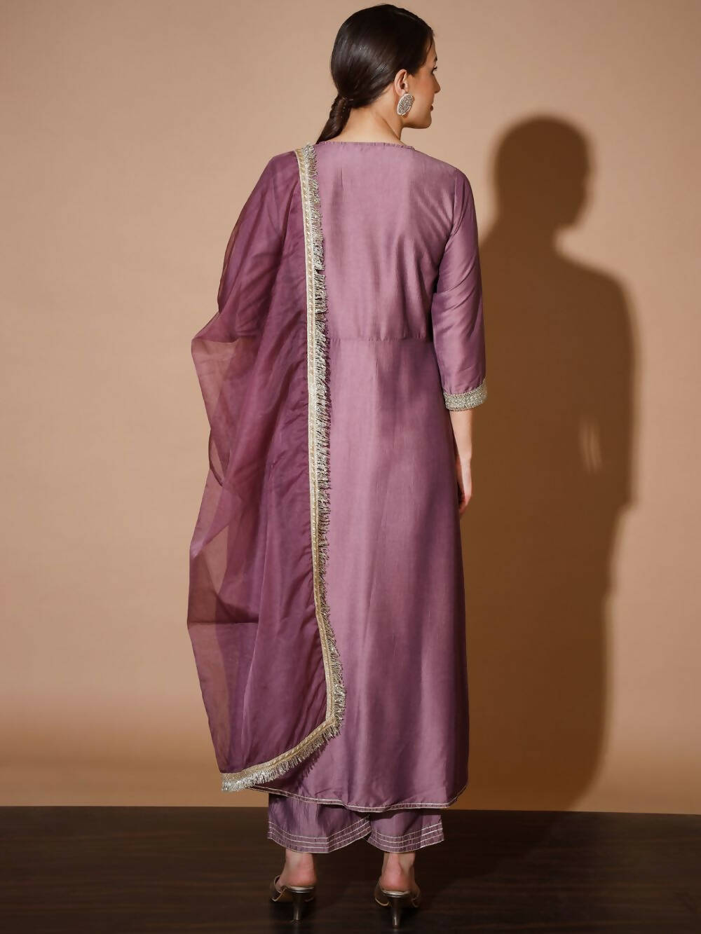 Myshka Women Mauve Solid Kurta & Palazzos With Dupatta - Distacart