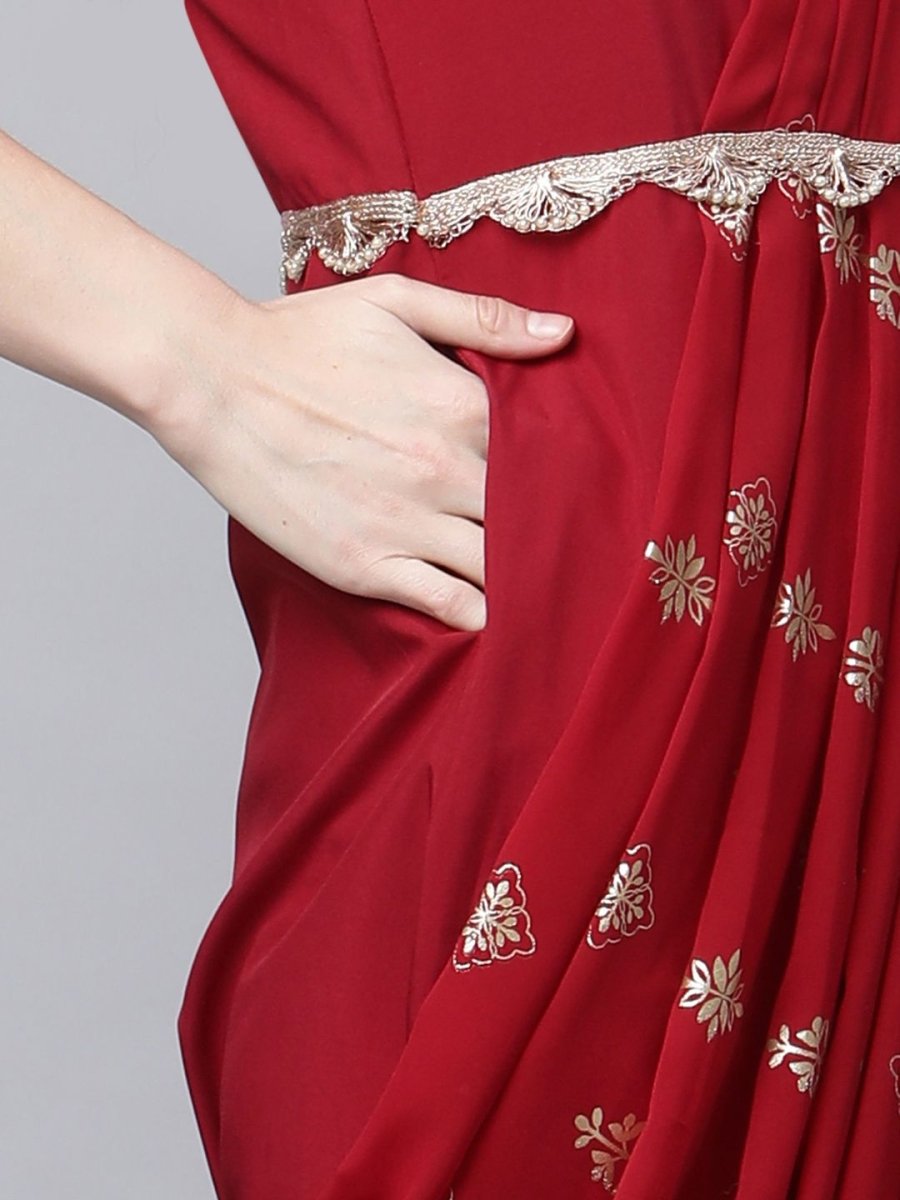 Ahalyaa Women Maroon Crepe Georgette Printed Saree Dress With Printed Pallu - Distacart