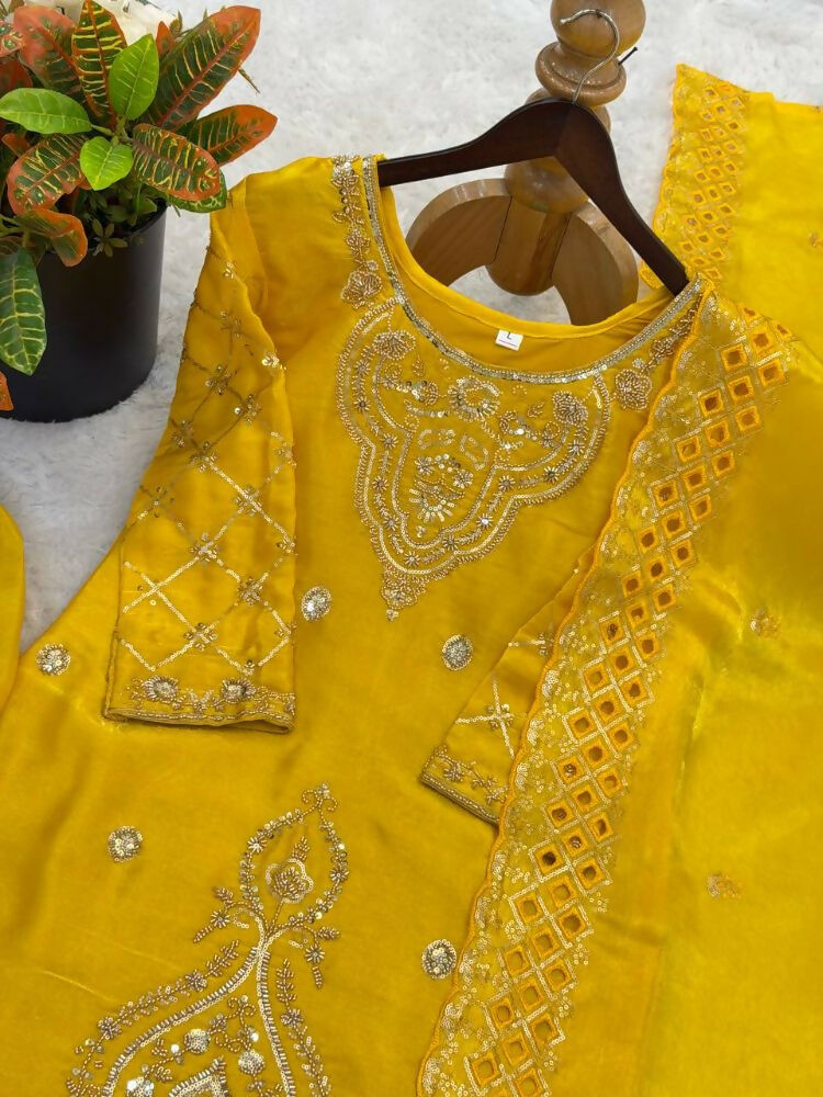 Teeya Creation Yellow Color Gimmychu Silk Embroidery Work Wedding Wear Salwar Suit - Distacart