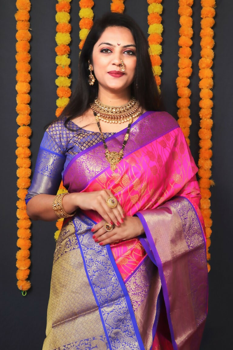 Jyoti Fashion Women's Pink Kanjivaram Silk Zari Woven Saree with Blouse