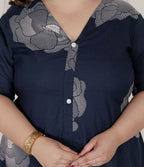 Miravan Womens Plus Size Blue Floral Printed Front Buttoned A-Line Kurta Dress