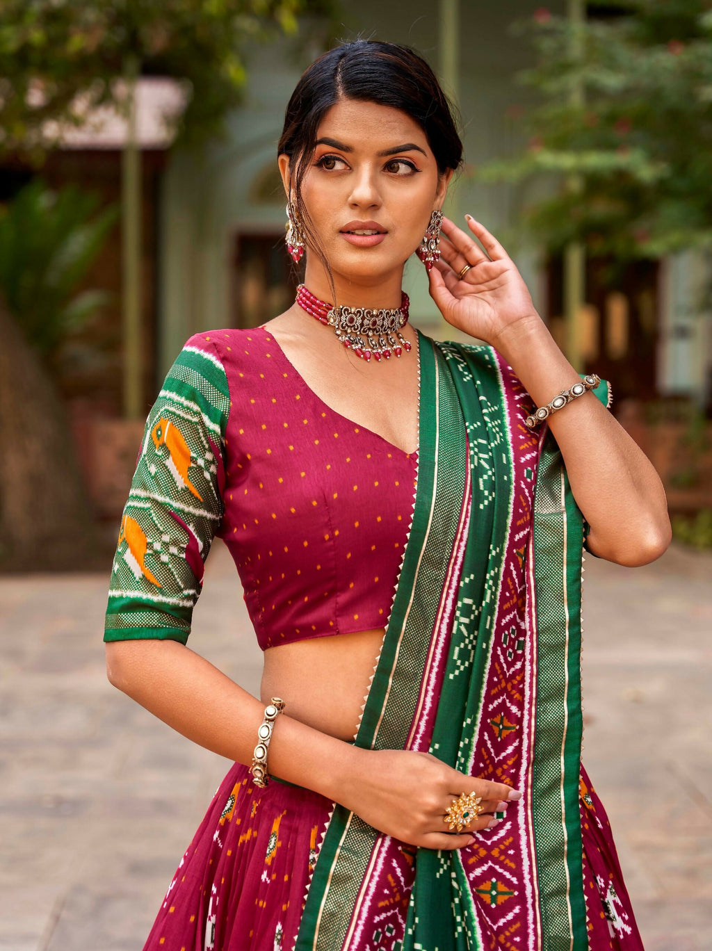 Vastranavya Patola Printed and Foil Work Tussar Silk Lehenga with Unstitched Blouse - Red
