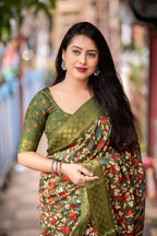 Mehndi Slub Silk Printed Saree with Unstitched Blouse - Hiral Fashion