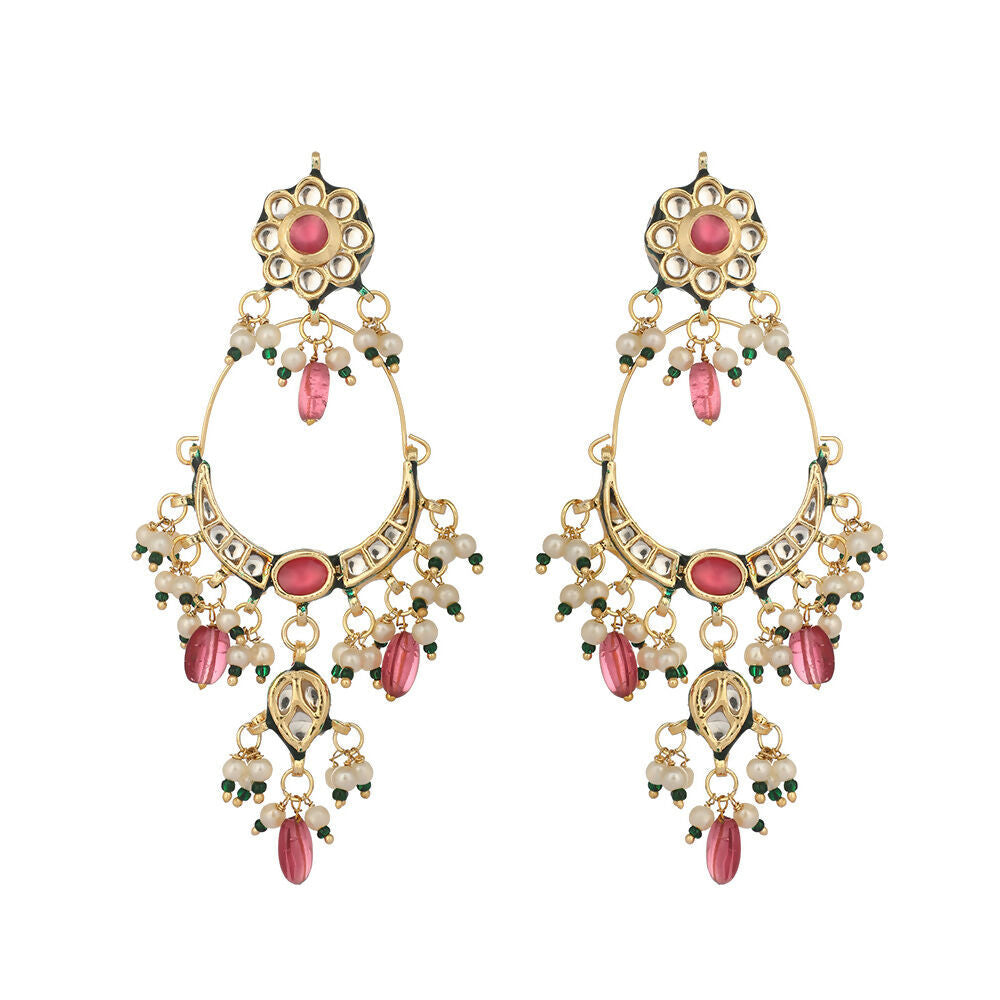 Nuyug 22K Gold Plated Crescent Kundan Drop Pink Stone Chandbali Earrings - Distacart