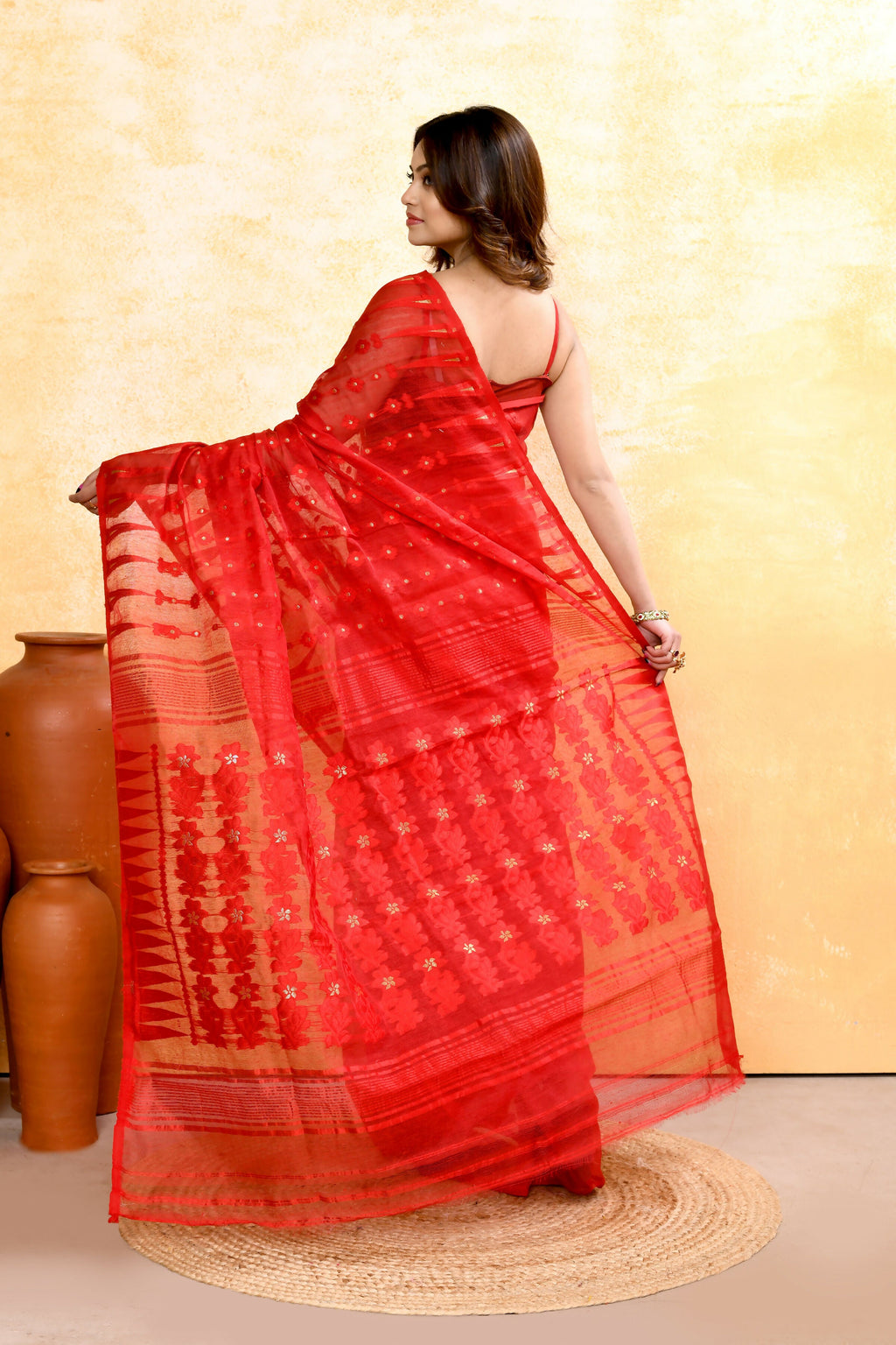 Piyari Fashion Women's Red Embellished Cotton Blend Jamdani Saree - Distacart