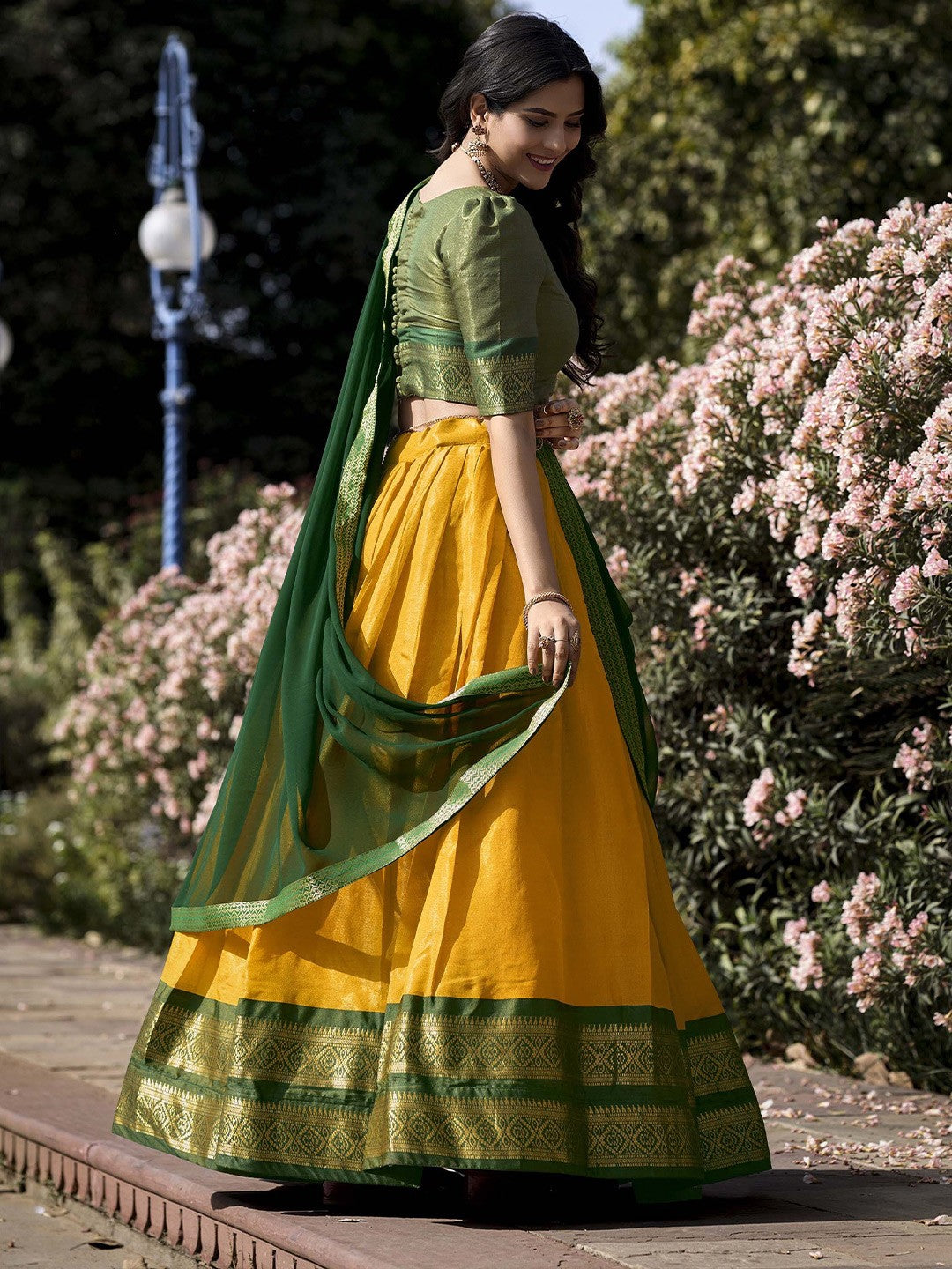 Lorenvalley Yellow Kanchipuram Zari Weaving Work Lehenga Choli with Dupatta