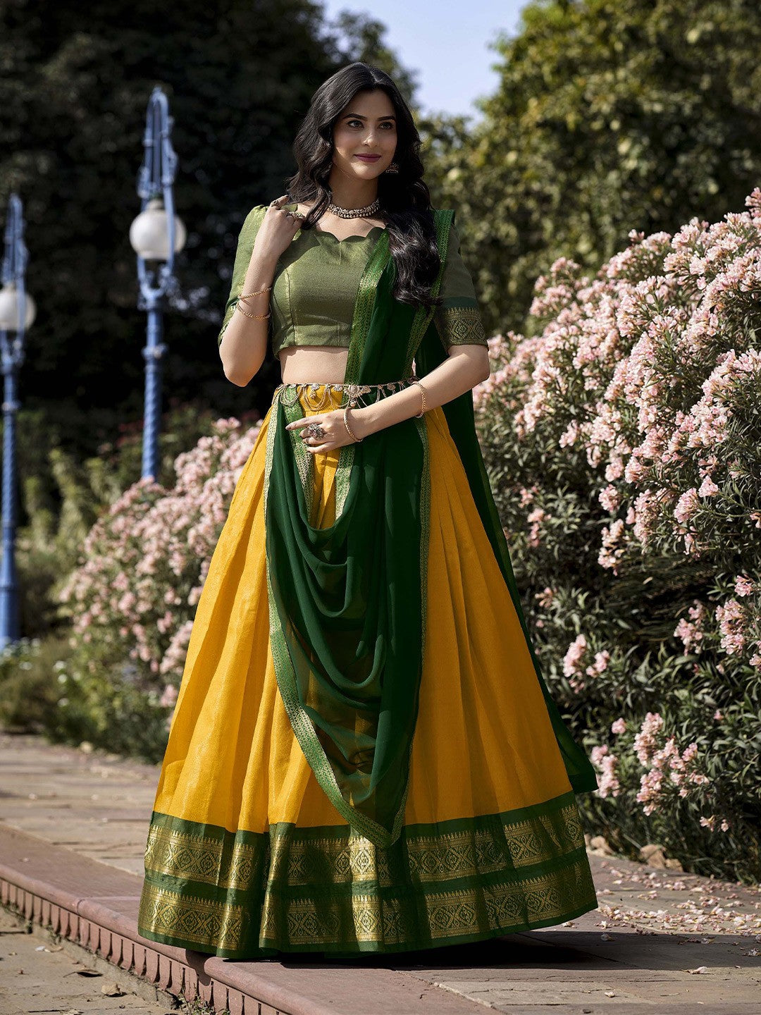 Lorenvalley Yellow Kanchipuram Zari Weaving Work Lehenga Choli with Dupatta
