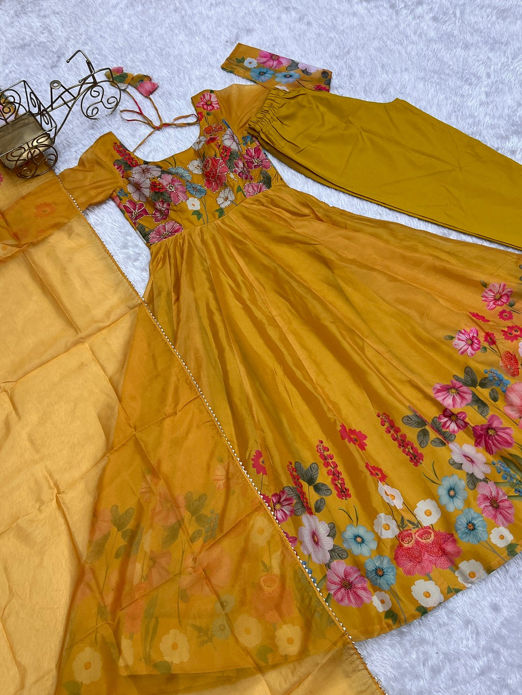 Evanik Yellow Soft Organza Silk With Floral Print Fully Flared Anarkali Pant With Dupatta Set