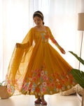 Evanik Yellow Soft Organza Silk With Floral Print Fully Flared Anarkali Pant With Dupatta Set