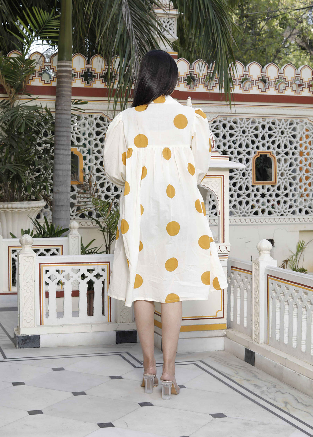 Miravan Women's Polka Dot Printed Pure Cotton Yellow Loose Fit A-Line Tiered Dress - Distacart