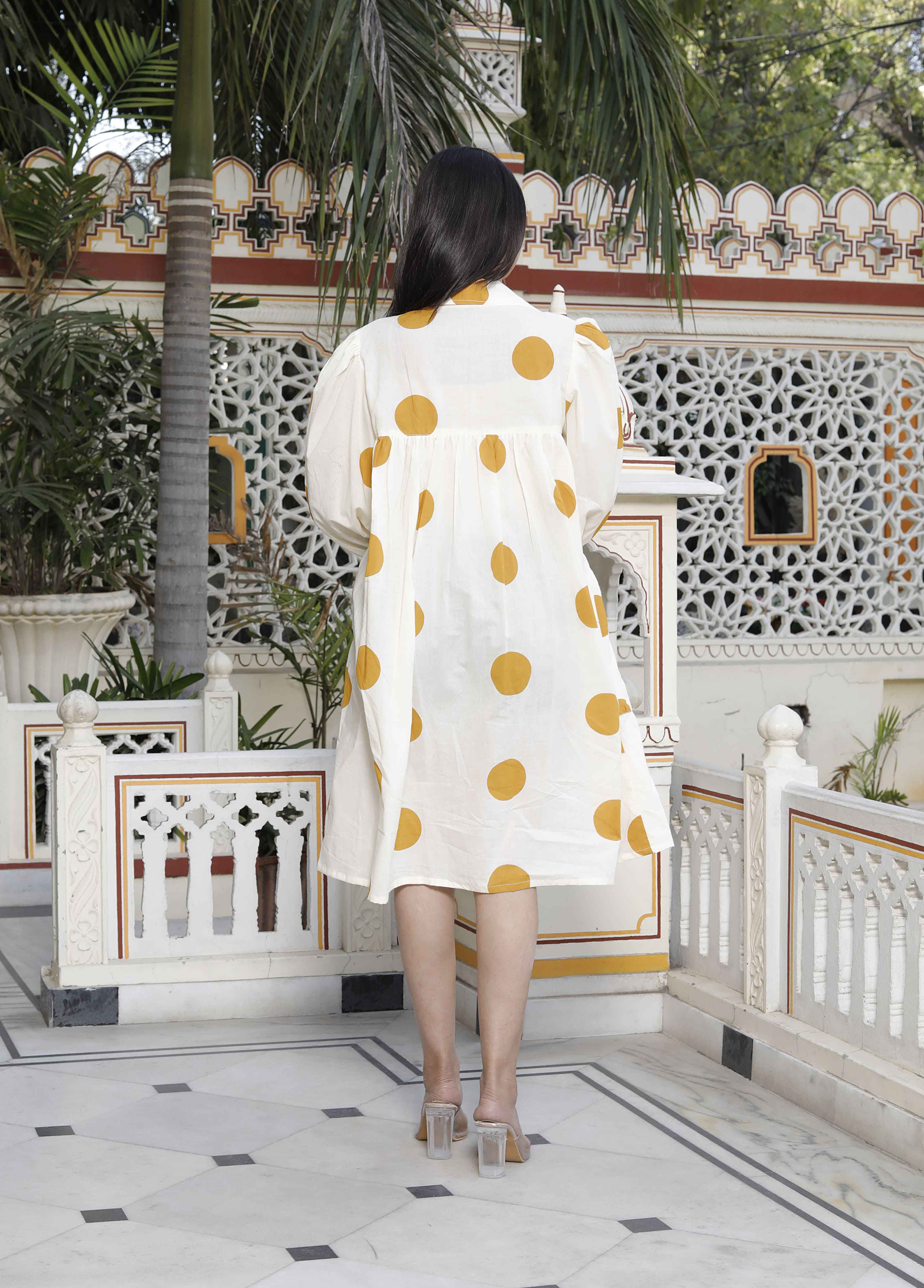 Miravan Women's Polka Dot Printed Pure Cotton Yellow Loose Fit A-Line Tiered Dress - Distacart