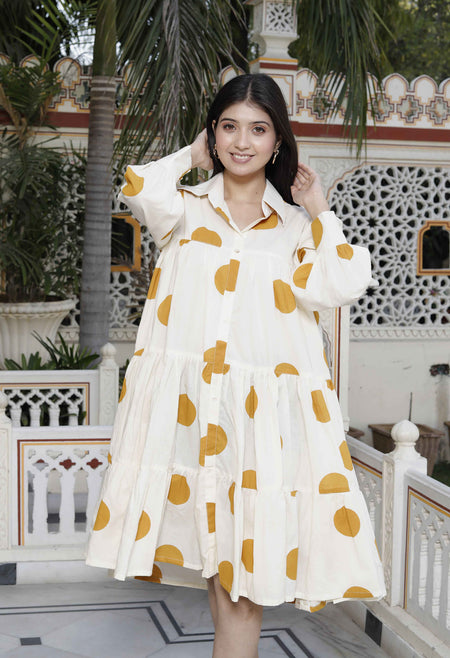 Miravan Women's Polka Dot Printed Pure Cotton Yellow Loose Fit A-Line Tiered Dress