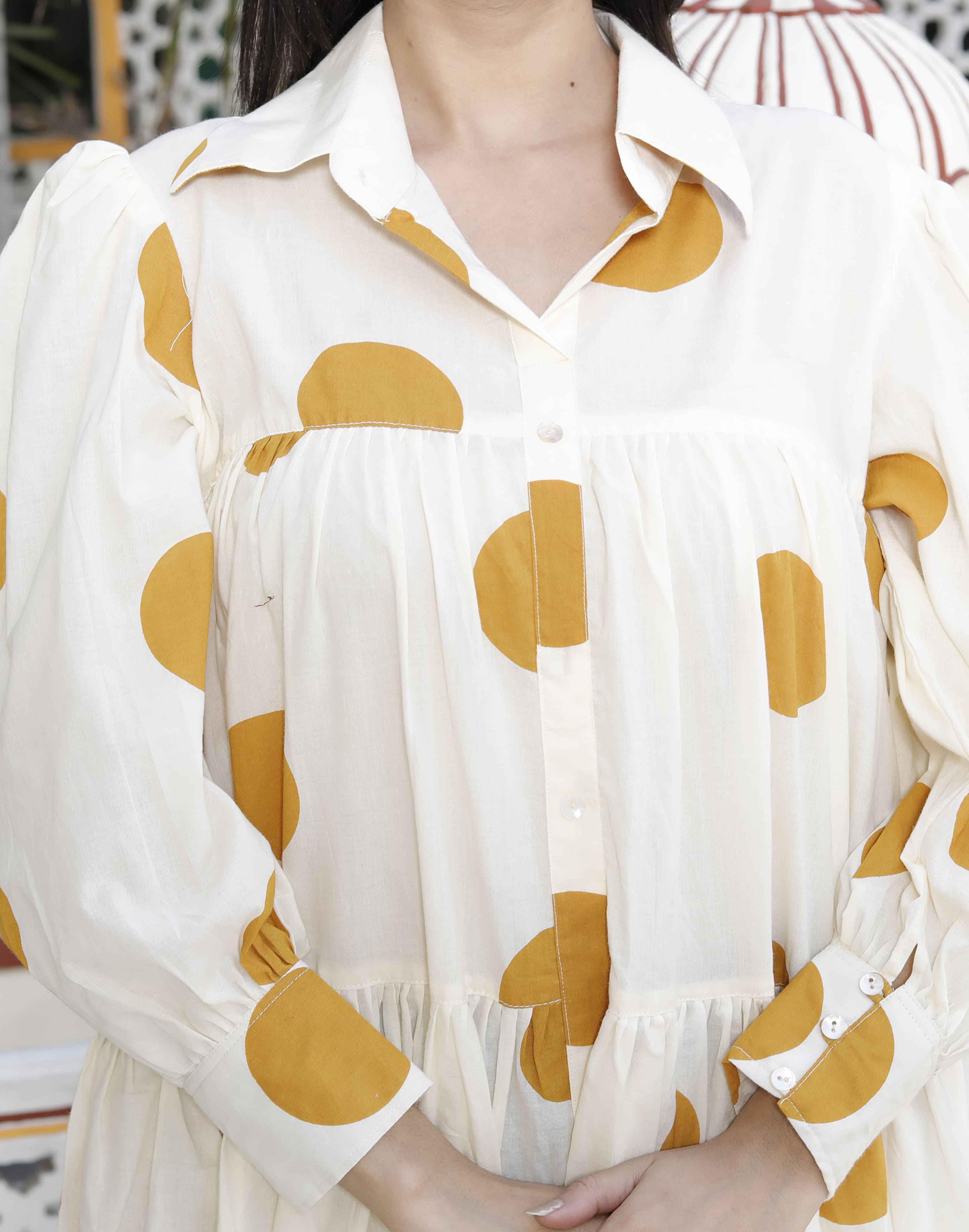 Miravan Women's Polka Dot Printed Pure Cotton Yellow Loose Fit A-Line Tiered Dress - Distacart