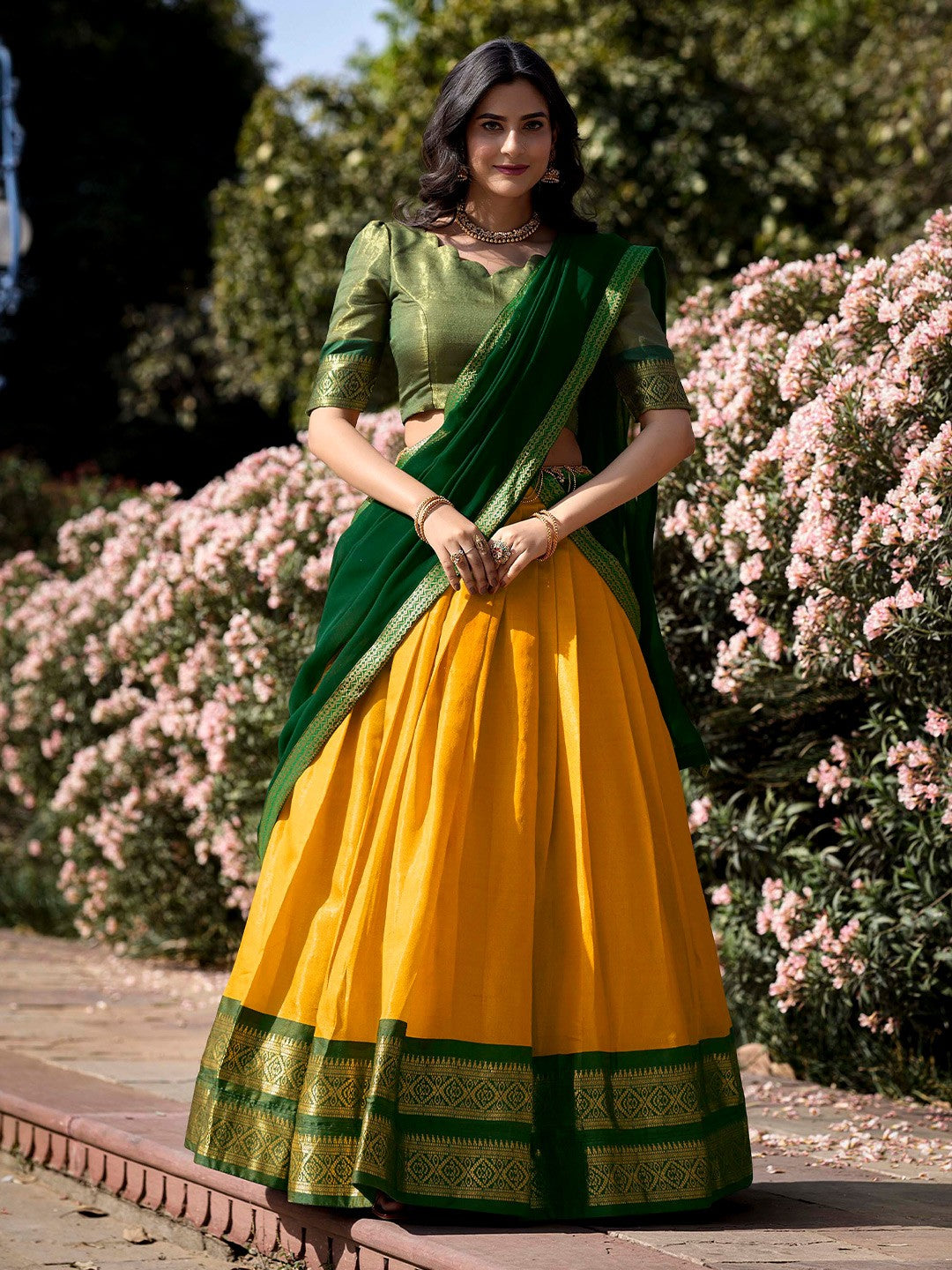 Lorenvalley Yellow Kanchipuram Zari Weaving Work Lehenga Choli with Dupatta