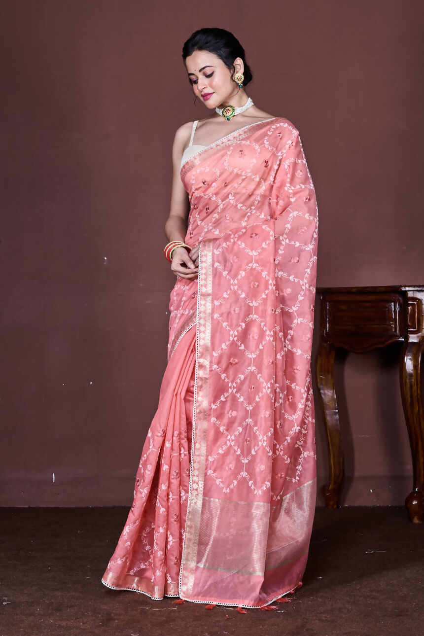Morchari Peach Cotton Chanderi Embroidery Saree Unstitched Blouse - Distacart