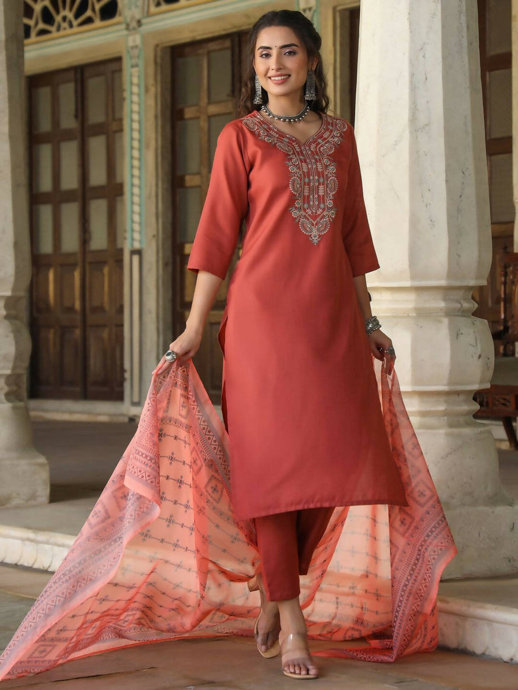 Juniper Women's Rust Silk Solid Embroidered Kurta Set - Distacart