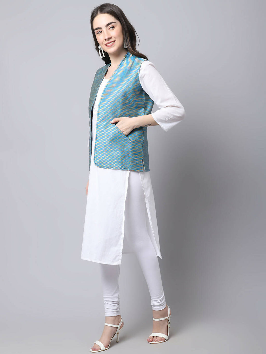 Even Apparels Blue Bansari Silk Open Front Gillet - Distacart