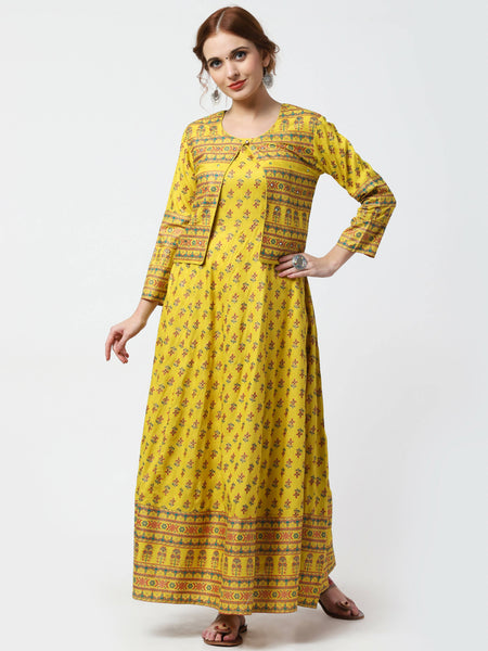 Cheera Women's Mustard Viscose Cotton Long Kalidar Kurta With Jacket