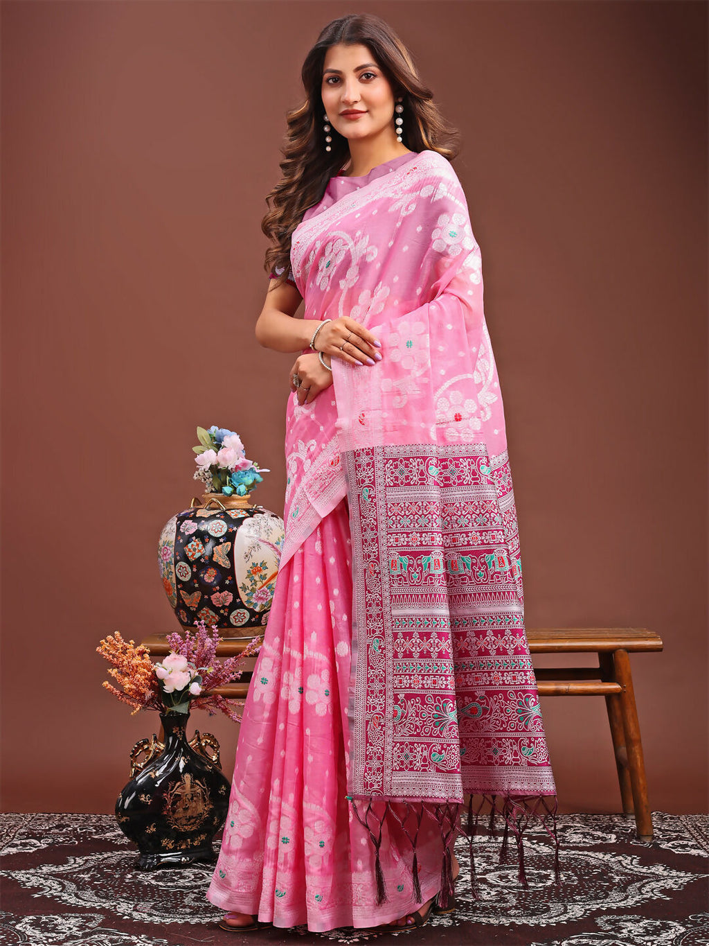 Shree Shyam Fashion Anaya Pink Linen Cotton Saree