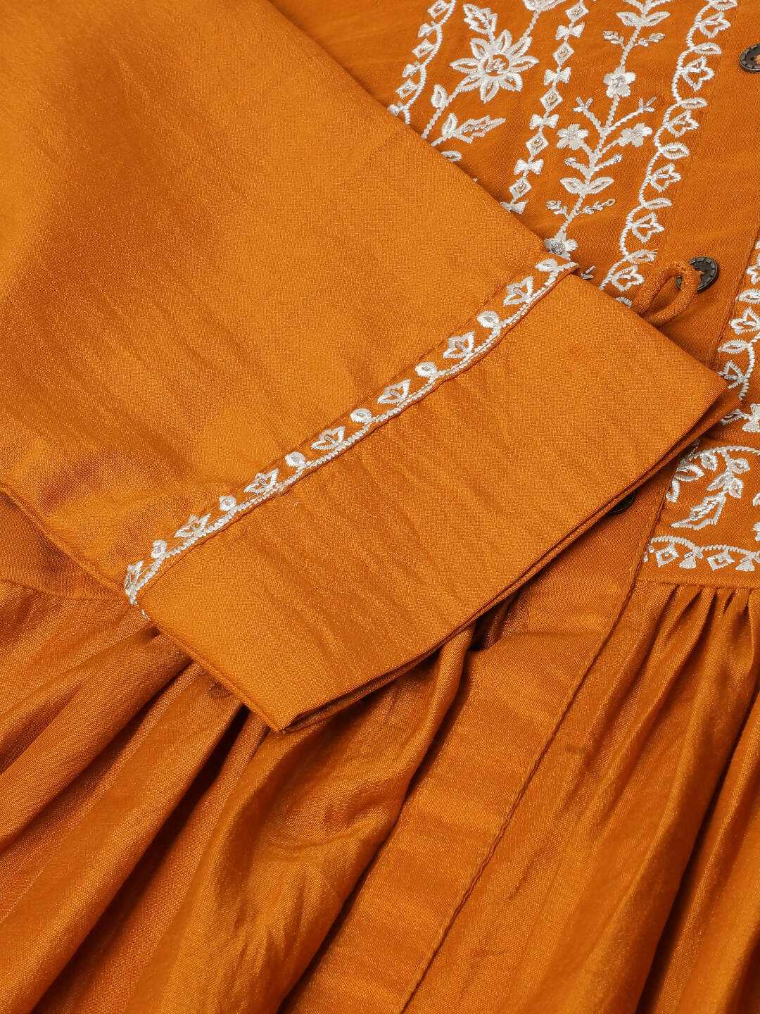 Mustard Chinon Floral Embroidered Top with Bottom - Maanushi
