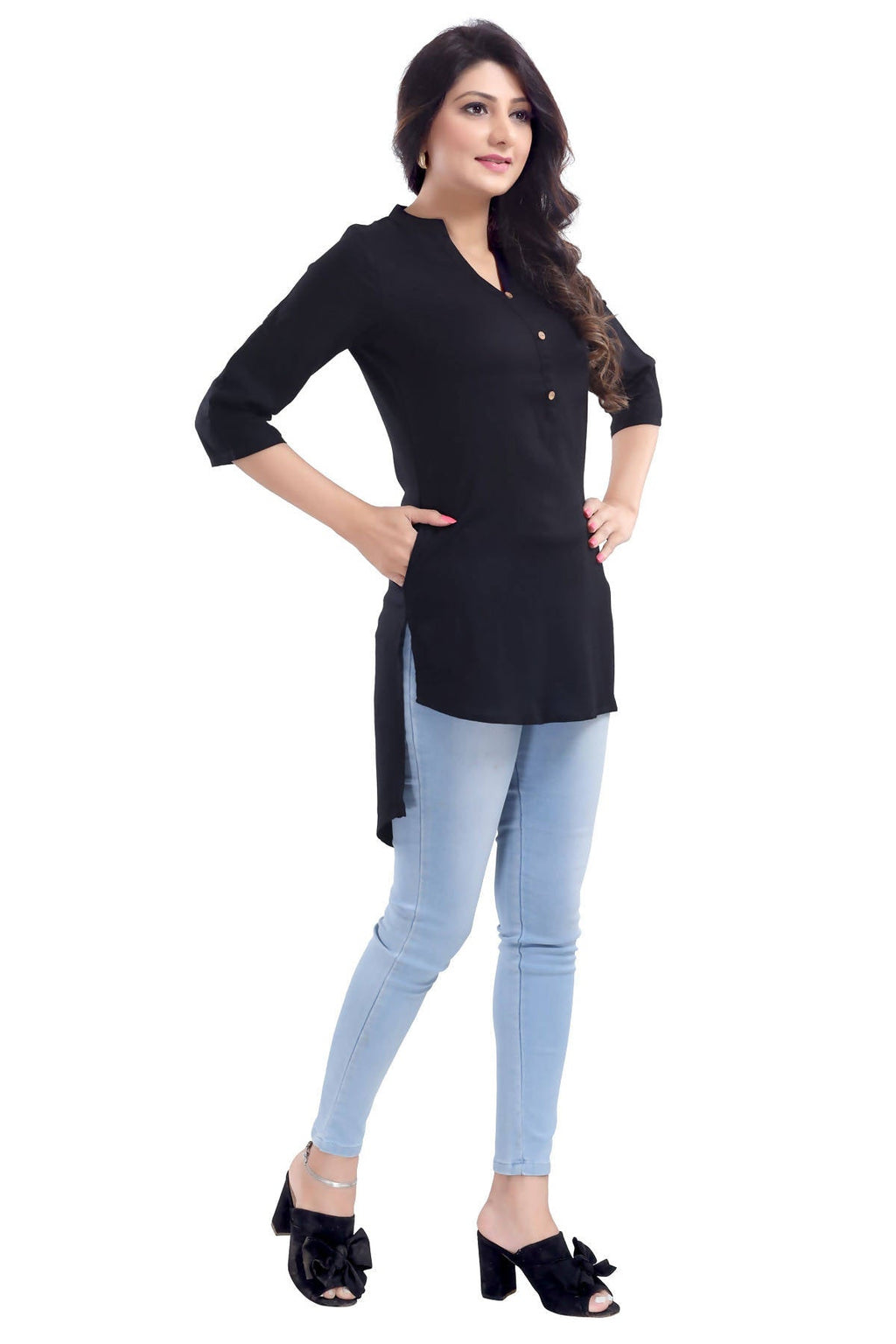 Snehal Creations Beauteous Black Button Down Styled Rayon Kurti For Women - Distacart