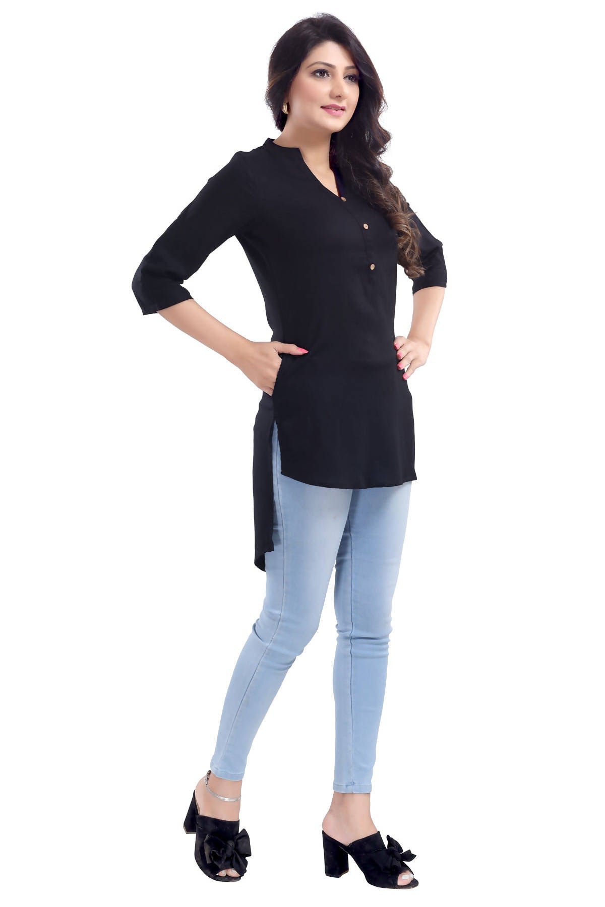 Snehal Creations Beauteous Black Button Down Styled Rayon Kurti For Women - Distacart