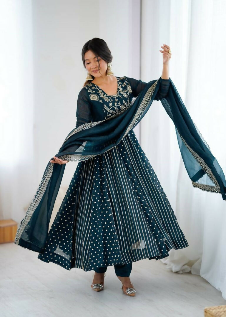 Teeya Creation Teal Color Heavy Crunchy Silk Embroidery Work Gown - Distacart