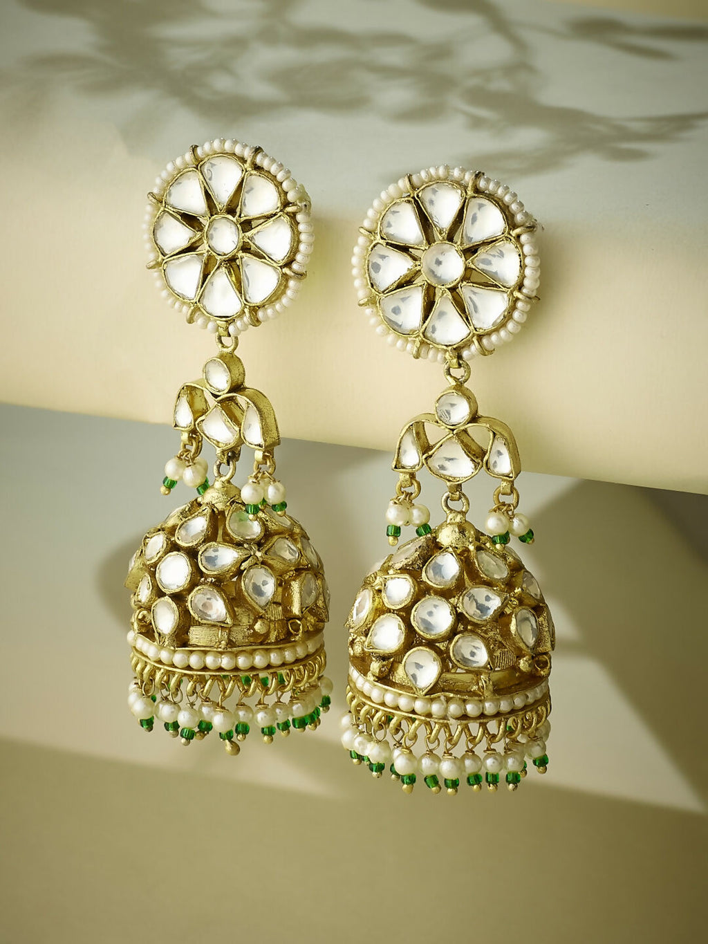 Nuyug 22K Gold-Plated Kundan Stone Studded & Pearl Beaded Dome Shaped Jhumkas - Distacart