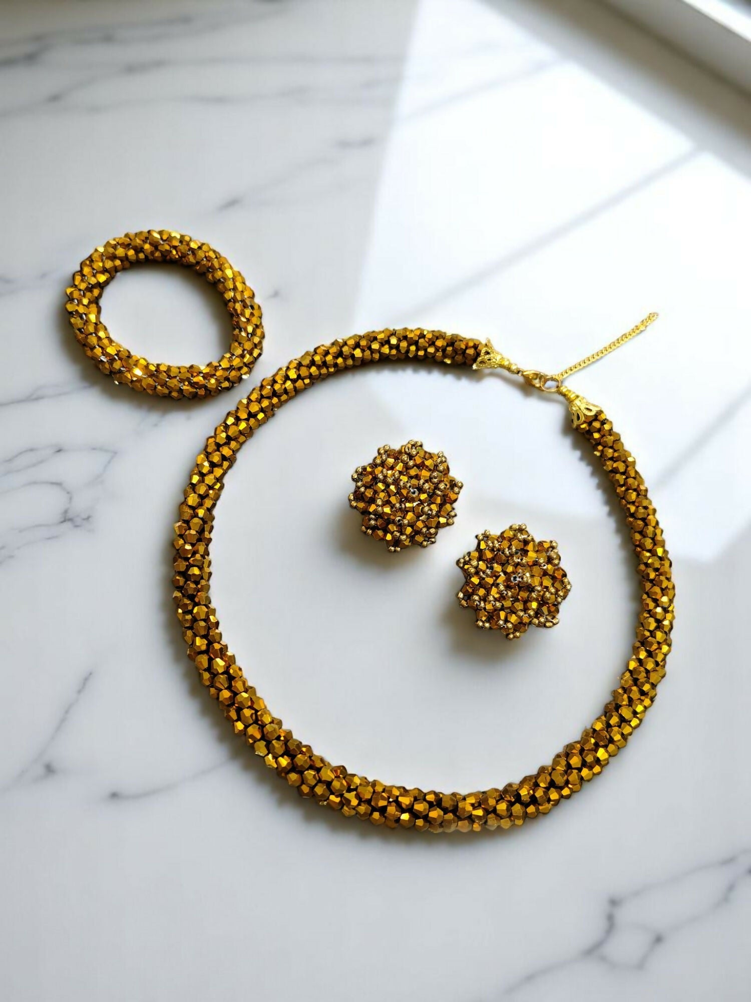 Inhanns Complete Look Crystal Statement 3-Piece Set (Adjustable Necklace + Earrings + Adjustable Bangle ) - Gold