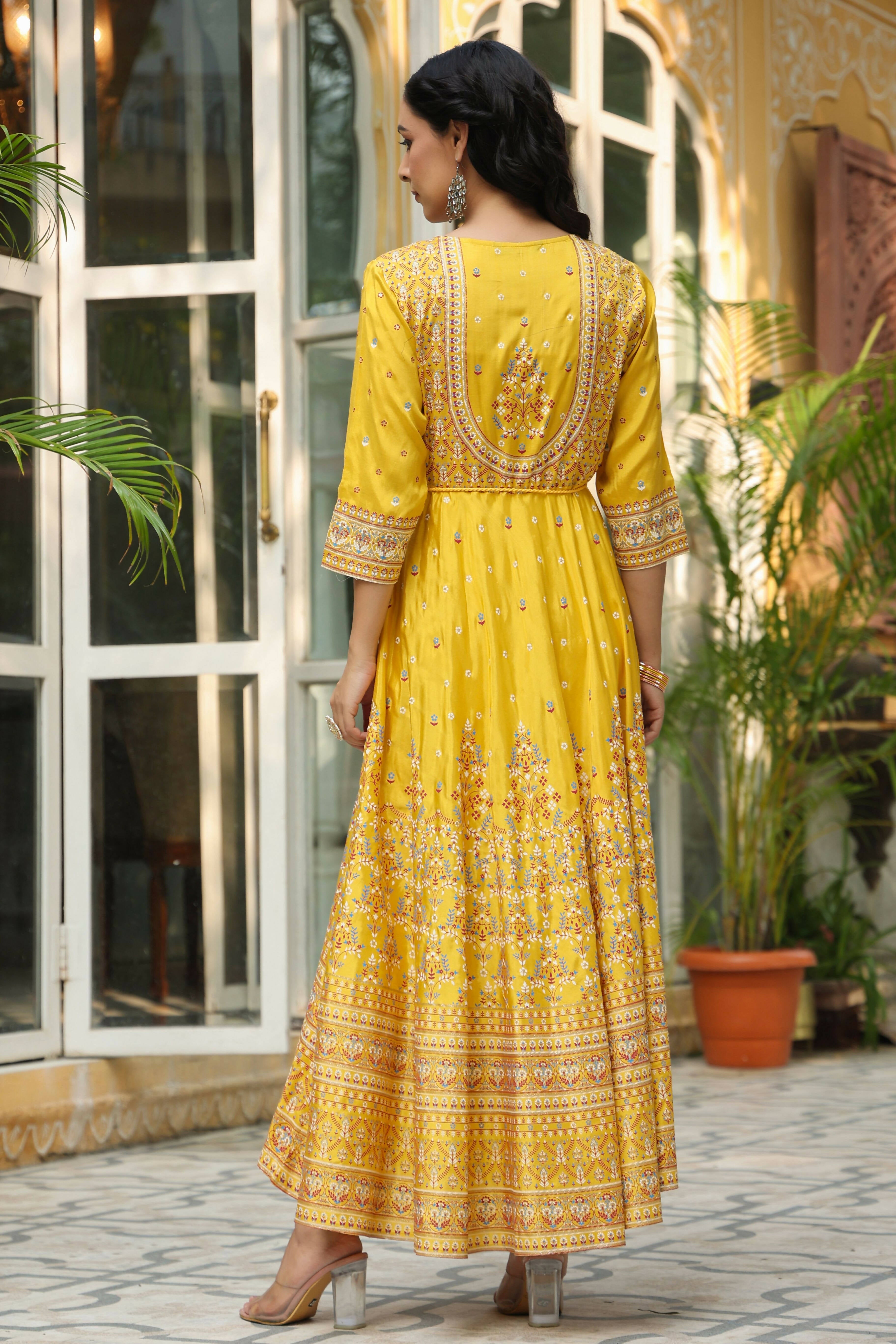 Juniper Women's Mustard Viscose Shantoon Festive Printed Flared Dress - Distacart