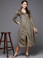 Ahalyaa Women Green & Cream-Coloured Floral Printed Velvet Kurta - Distacart