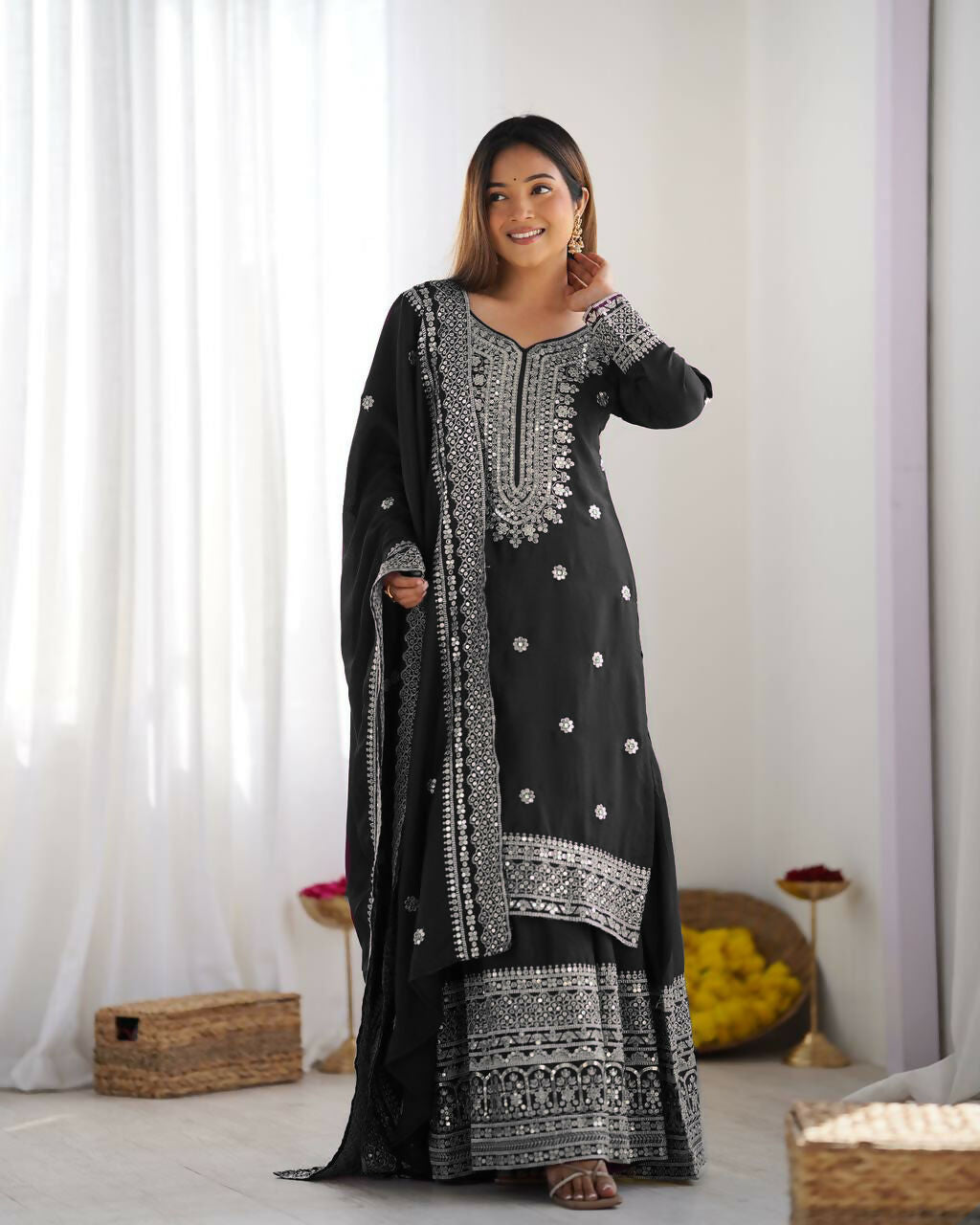 Joban Fashion Black Kurta Set Silk Sequins , Zari, Coding & Thread Embroidered work - Distacart