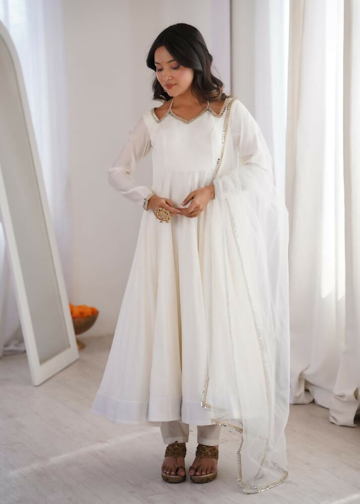 Lehenga Mart Designer Anarkali Suit With Kurta, Pant, Dupatta For Women-White - Distacart