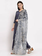 Myshka Women's Grey Cotton Solid 3/4 Sleeve V Neck Casual Kurta Palazzo Dupatta Set