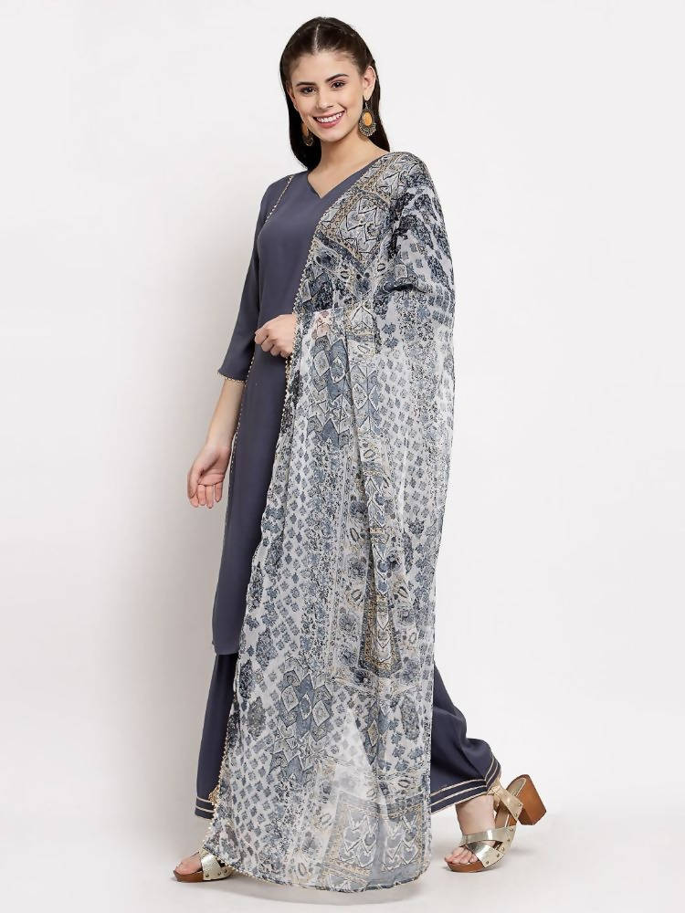 Myshka Women's Grey Cotton Solid 3/4 Sleeve V Neck Casual Kurta Palazzo Dupatta Set