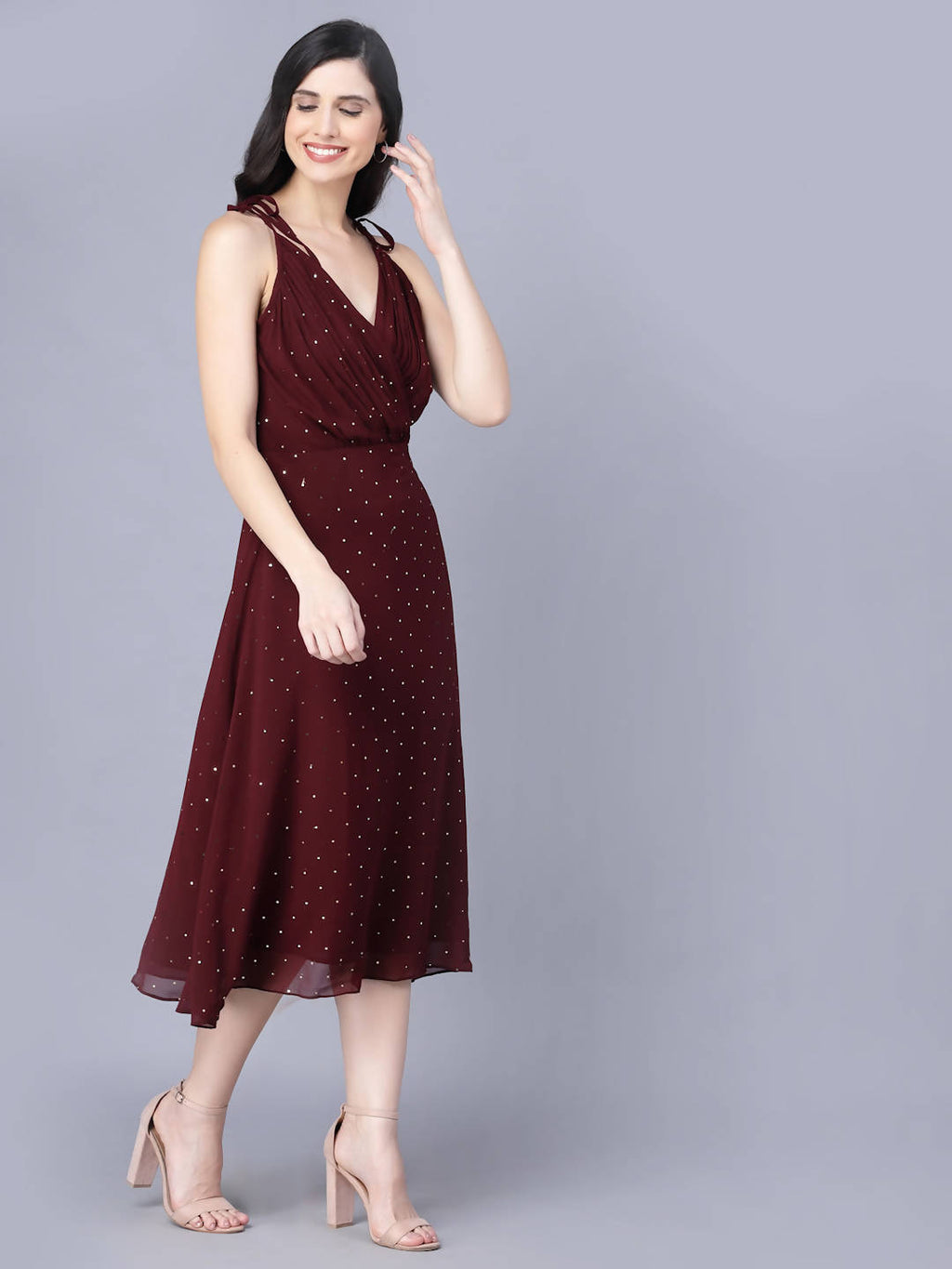Myshka Georgette Solid Sleeveless Shoulder Straps Maroon Women Dress - Distacart