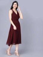 Myshka Georgette Solid Sleeveless Shoulder Straps Maroon Women Dress - Distacart