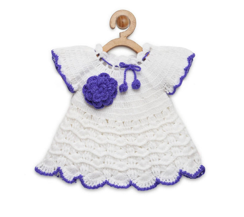 ChutPut Hand knitted Crochet Wool Dress For Baby Girls - White