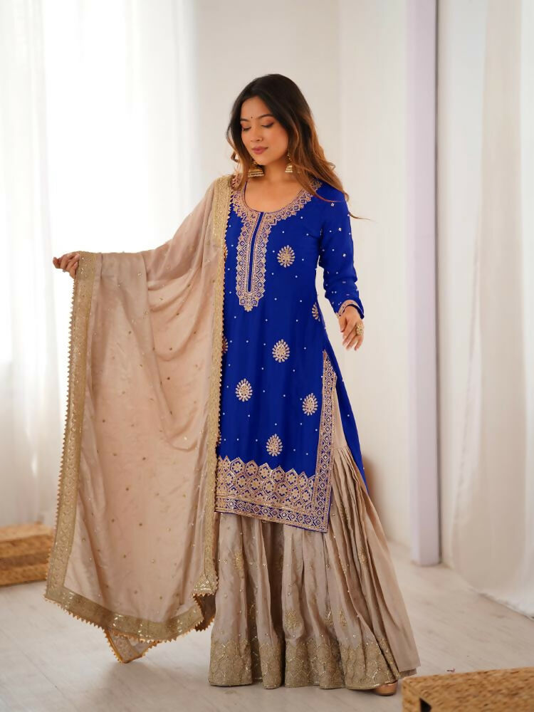 Lehenga Mart Designer Sharara Suit With Kurta, Sharara, Dupatta For Women-Blue - Distacart