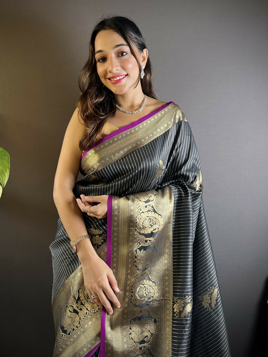 Joban Fashion Black Striped With Floral Motifs Soft Silk Leheriya Saree
