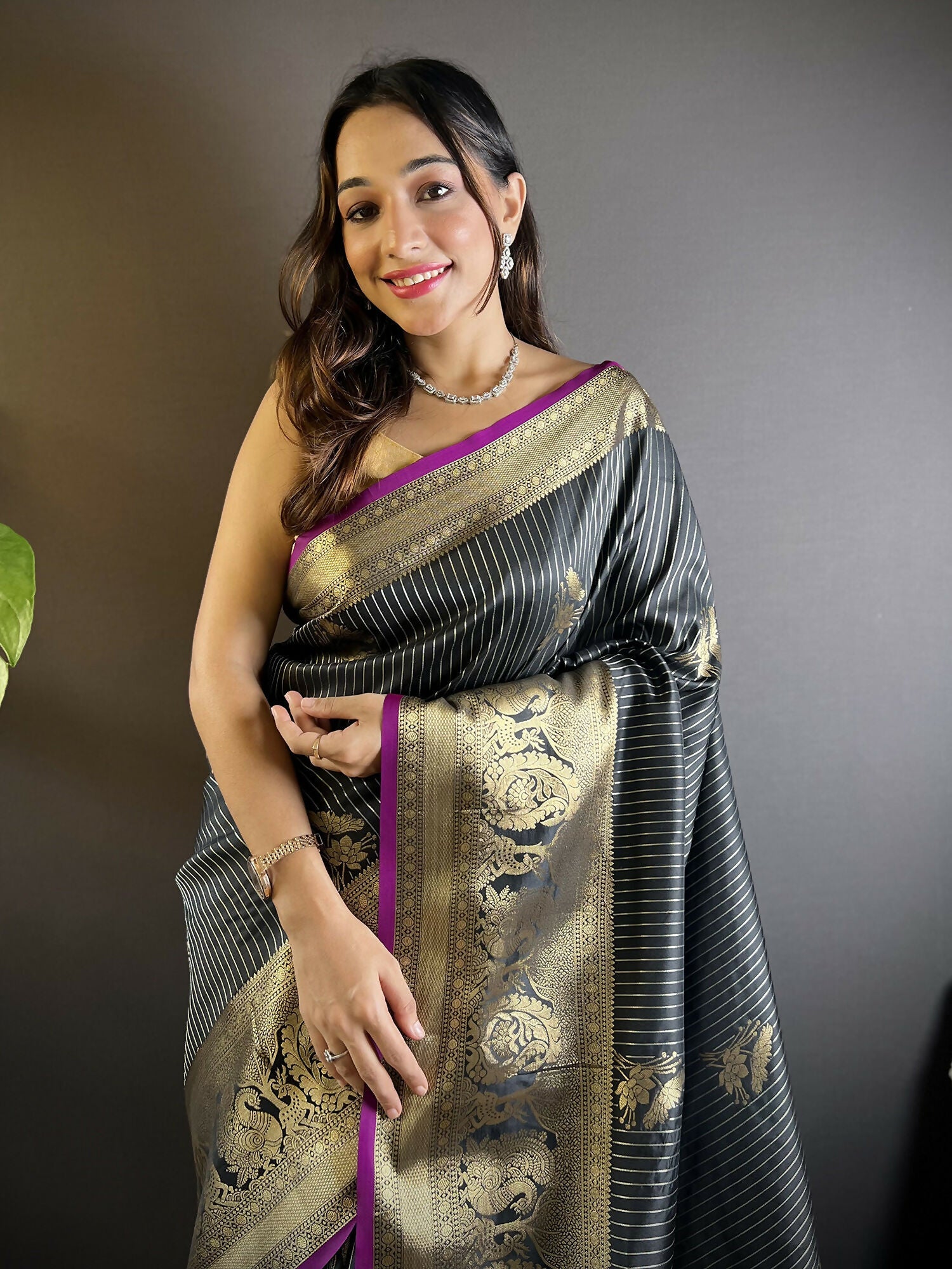 Joban Fashion Black Striped With Floral Motifs Soft Silk Leheriya Saree