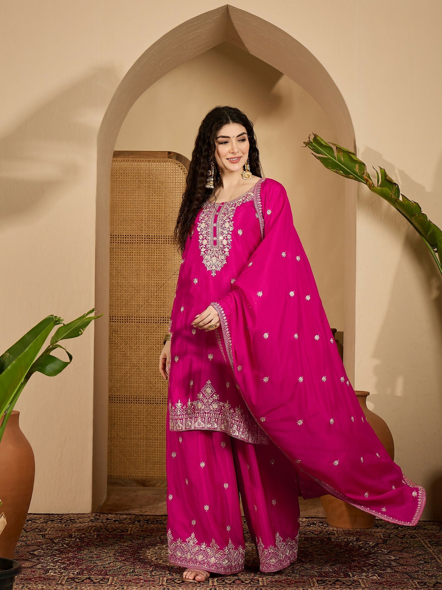 Joban Fashion Embroidery Pink Chinon Silk Kurta Set - Distacart