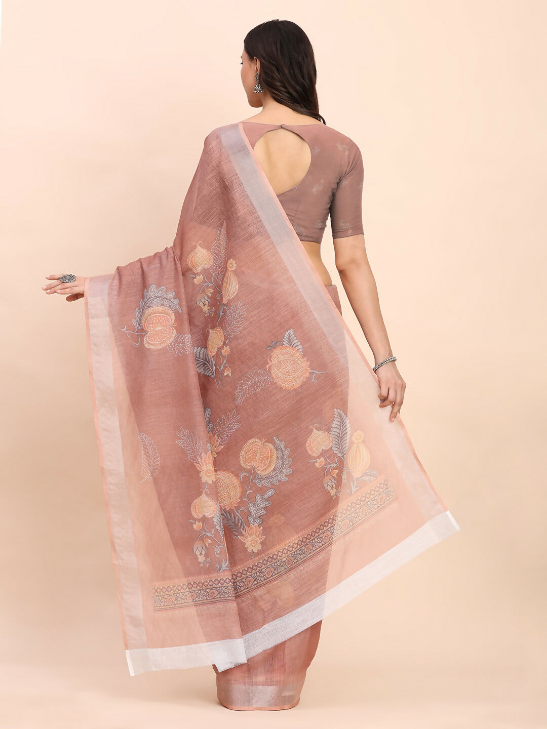 Shree Shyam Fashion Linen Cotton Brown Saree - Distacart