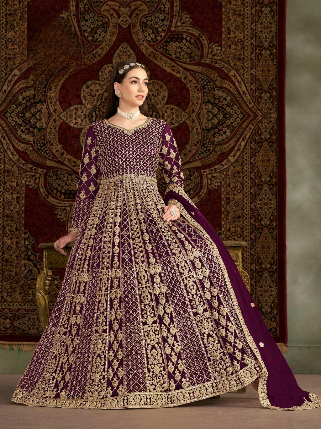 Anaita Purple Embroidered Net Stitched Anarkali Suit - Distacart