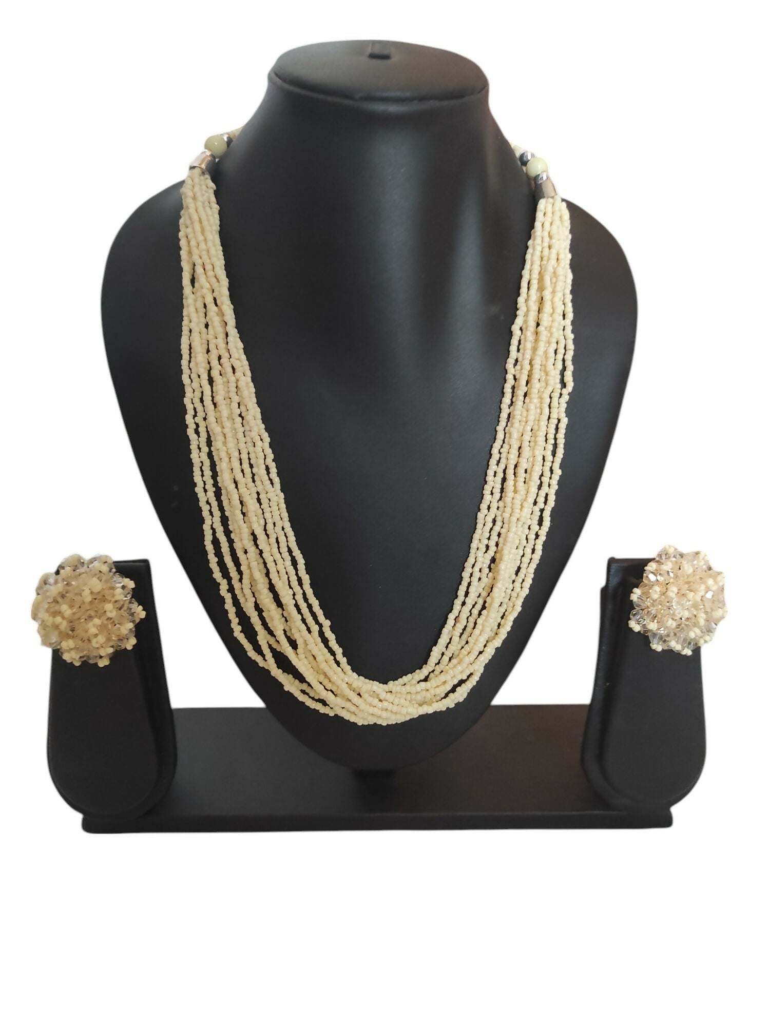 Inhanns Bloom Handmade Beaded Necklace With Earrings - 12 Layers - Cream Necklace Set