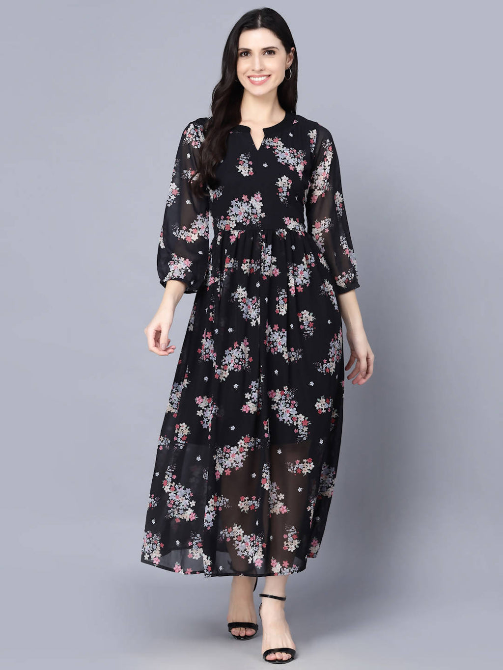 Myshka Black Floral Keyhole Neck Georgette Maxi Dress - Distacart