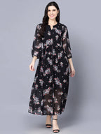 Myshka Black Floral Keyhole Neck Georgette Maxi Dress - Distacart